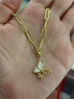 Gold Butterfly Necklace with White Inlay
